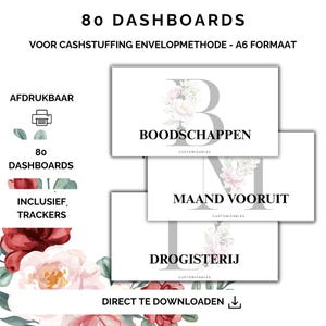 Op de afbeelding: Een set van 80 printbare A6-dashboards voor de cashstuffing-envelopmethode met bloemmotieven en de teksten BOODSCHAPPEN, MAAND VOORUIT en DROGISTERIJ. Het ontwerp bevat het woord CUSTOMIZABLES en geeft aan dat er trackers zijn inbegrepen.