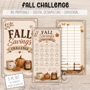 May include: A three-piece set of printable A6 digital download sheets for a Fall Savings Challenge. The designs feature autumn-themed illustrations including pumpkins, maple leaves, a coffee mug, and a candle, with text reading Fall Savings Challenge.
