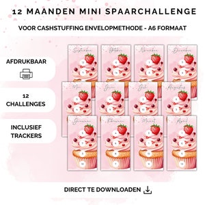 Sfida cupcake di 12 mesi per riempimento di contanti, euro, raccoglitore di budget a6, sfida di risparmio, stampabile, metodo di risparmio, pianificatore di budget, olandese,