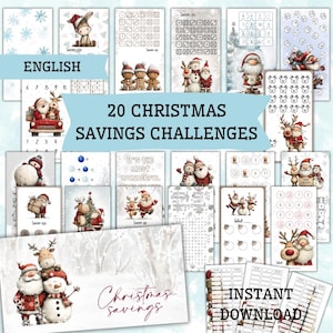 May include: A set of 20 Christmas savings challenges featuring festive illustrations of Santa, reindeer, and snowmen. The designs include text that reads "Christmas Savings" and "Instant Download".