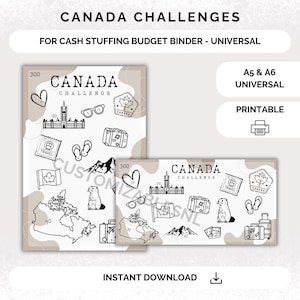 May include: Printable Canada Cash Stuffing Challenge budget binder in A5 and A6 sizes. The design features a black and white illustration of Canadian landmarks, symbols, and animals on a beige background.