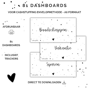 Puede incluir: Paneles imprimibles blancos con texto negro y acentos de corazón. Los paneles incluyen las palabras "Boodschappen", "Vakantie" y "Sparen". La imagen también incluye el texto "81 DASHBOARDS" e "INCLUSIEF TRACKERS".