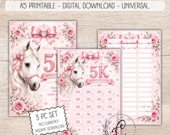 5K Horse Savings Challenge Printable, Cute Savings Challenge, A5 Cash Stuffing Challenge, No Currency Budget Binder Insert, Digital Download