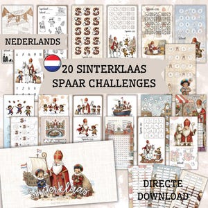 Op de afbeelding: Een verzameling van 20 Sinterklaas spaar challenges, met illustraties van Sinterklaas, kinderen en Nederlandse taferelen. Het ontwerp bevat Nederlandse tekst, dobbelstenen en op getallen gebaseerde uitdagingen. De tekst "Direct Download" is ook zichtbaar.