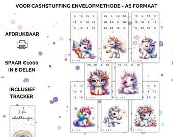 Sfida di risparmio 1K Unicorn, Risparmia 1000 in 8 parti, Pianificatore di budget per la sfida di risparmio 1k, Tracker da 1000 euro, Budget di risparmio mensile, NL