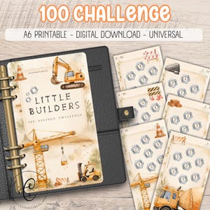 Può includere: Un set di fogli per sfide di risparmio stampabili in formato A6 con illustrazioni a tema cantiere. Le pagine mostrano escavatori, gru e carrelli elevatori gialli con il testo 100 CHALLENGE, LITTLE BUILDERS e 100 SAVINGS CHALLENGE.