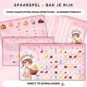 Può includere: Un tabellone di gioco stampabile rosa e bianco con il titolo "SPAARSPEL - BAK JE RIJK" e il testo "VOOR CASHSTUFFING ENVELOPMETHODE - A6 BINDER FORMAAT". Il tabellone di gioco presenta un pasticcere dei cartoni animati con un cupcake e una griglia con immagini di ingredienti come cioccolato, latte, uova, banane e fragole.