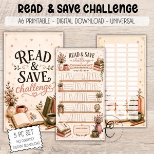 Puede incluir: Un set de tres piezas A6 de descarga digital titulado Read & Save Challenge. Las páginas presentan ilustraciones de libros, flores en macetas y tazas de café en una paleta de colores beige. El diseño incluye estantes y casillas vacías para registrar el progreso.