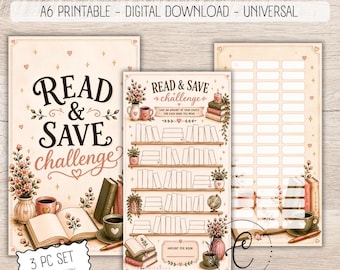 May include: A three-piece A6 digital download set titled Read & Save Challenge. The pages feature illustrations of books, potted flowers, and coffee cups in a soft beige color palette. The design includes blank shelves and boxes for tracking reading progress.