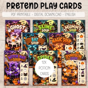 Op de afbeelding: Een set printbare rollenspelkaarten met soeprecepten in Halloween-thema. Elke kaart toont een ketel met ingrediënten zoals spoken, pompoenen en spinnen, voorzien van titels zoals Ghost Soup, Slime Soup en Pumpkin Soup.