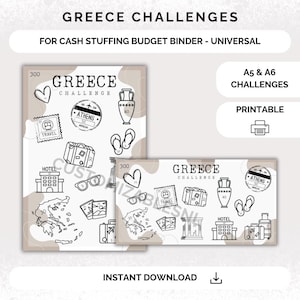 Op de afbeelding: Printbare Griekenland-uitdagingssheets voor cash stuffing. De bladen bevatten verschillende afbeeldingen met betrekking tot Griekenland, waaronder een kaart, een koffer, sandalen en een hotel. De tekst "Greece Challenge" staat op de bladen gedrukt.
