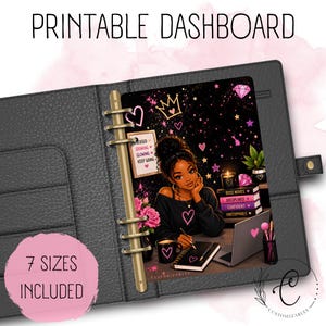 May include: A black leather-textured planner binder containing a printable dashboard featuring an illustration of a person at a desk with a laptop, books labeled Boss Moves, Disciplined, Confident, Unstoppable, and a sign reading Focused Growing Glowing Keep Going.
