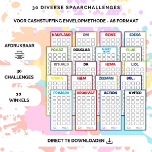 30 winkel challenges voor cashstuffing, a6 budget binder, digitale download, cash stuffen, budgetteren, spaarmethode, nederland, sparen