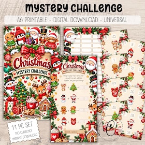 Puede incluir: Un conjunto de descarga digital Christmas Mystery Challenge con tarjetas imprimibles A6. El diseño incluye ilustraciones de Santa, un pingüino, un hombre de jengibre, un reno y un muñeco de nieve, con el texto Christmas Mystery Challenge.