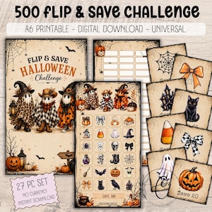 Puede incluir: Un set de descarga digital de 27 piezas para un reto 500 Flip & Save Halloween. El imprimible A6 incluye hojas con fantasmas, calabazas y telarañas, además de tarjetas individuales con iconos como un gato negro, maíz dulce y lazos.
