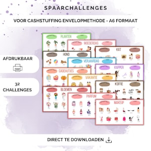 32 diverse challenges voor cashstuffing, a6 budget binder, digitale download, cash stuffen, budgetteren, spaarmethode, nederland, sparen