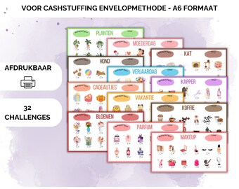 32 diverse challenges for cash stuffing, A6 budget binder, digital download, cash stuffing, budgeting, savings method, Netherlands, saving