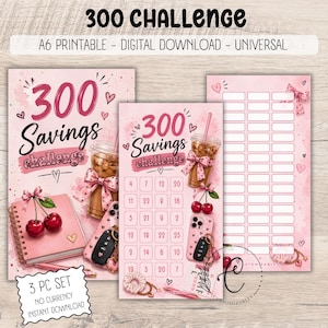 Peut inclure: Un ensemble de trois défis d'épargne numériques avec des graphismes sur le thème rose. Les designs incluent des illustrations de café glacé, de cerises, de carnets et de clés de voiture. Les pages contiennent une grille numérotée pour le suivi.