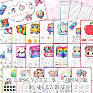 May include: A set of 20 printable school savings challenges, featuring colourful illustrations of school supplies. Designs include pencils, notebooks, and apples. The text includes "Rulers & Riches" and "Instant Download".