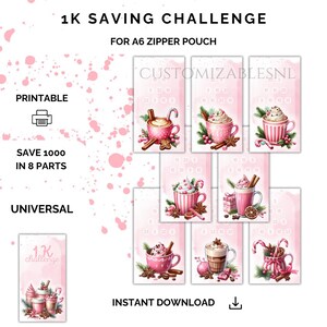 Op de afbeelding: Roze printbare 1K spaaruitdaging voor A6-zipper pouch. Het ontwerp bevat illustraties van roze mokken met slagroom, kaneelstokjes en zuurstokken. Tekst bevat "Printable", "Save 1000 in 8 parts" en "Instant Download".