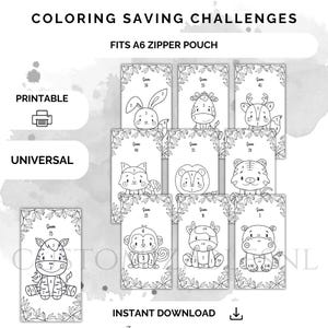 Set of 10 Coloring Savings Challenges - Printable Tracker for Budget Binders, Cash Stuffing, Kids Money Goals, A6 Binder, Universal