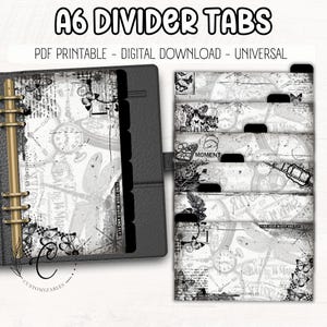 May include: A6 divider tabs with a vintage design. The tabs are black and white with butterfly and clock graphics. The text "A6 DIVIDER TABS" and "PDF PRINTABLE - DIGITAL DOWNLOAD - UNIVERSAL" are at the top.