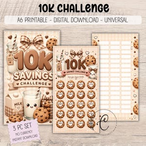 May include: A 3-piece digital download set for a 10K savings challenge featuring milk and cookie illustrations. The design includes a milk carton, glasses of milk, and cookies with heart-shaped centers containing numbers, all on a beige plaid background.