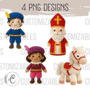 Zestaw PNG Sinterklaas na szydełku – Święty, koń Ozosnel & Pieten Clipart – Boże Narodzenie holenderski święty – Amigurumi