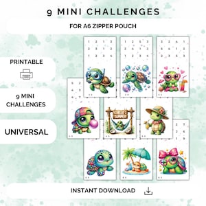 May include: Nine printable mini challenges featuring cute cartoon turtles in various summer-themed scenes. Each challenge includes a number grid with numbers 1-7. The challenges are designed for an A6 zipper pouch.