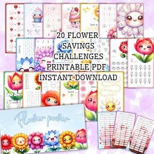 Peut inclure: Un ensemble de 20 défis d'épargne sur le thème des fleurs, au format PDF imprimable. Les motifs présentent de mignons personnages floraux et comprennent divers objectifs d'épargne. Les mots "Flower Power" et "Instant Download" sont également visibles.