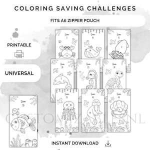 May include: Set of eight printable coloring pages featuring ocean animals. Each page includes a number of bubbles to color in, with the total number of bubbles corresponding to a specific amount of money. The pages are designed to fit in an A6 zipper pouch.