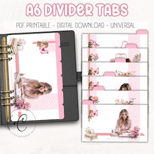 May include: Pink and white A6 divider tabs with illustrations of butterflies, high heels, and flowers. The tabs are labeled "A6 DIVIDER TABS" and "PDF PRINTABLE - DIGITAL DOWNLOAD - UNIVERSAL". The tabs are designed to fit in a planner.