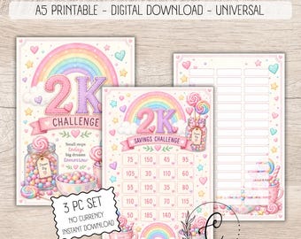 2K Savings Challenge Printable, Cute Savings Challenge, A5 Cash Stuffing Challenge, No Currency Budget Binder Insert, Digital Download