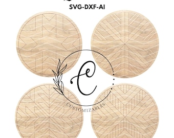 May include: Four round wooden quilt pattern designs with various geometric patterns. The designs are in a light brown color, with the text "WOOD QUILT PATTERN" and "SVG-DXF-AI" at the top. The word "CUSTOMIZABLES" is also visible.