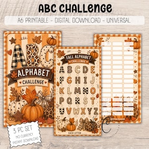 Puede incluir: Un conjunto de tres piezas descargables e imprimibles que presenta un desafío de alfabeto ABC con gráficos de otoño. Los diseños incluyen calabazas, hojas otoñales y patrones de cuadros en colores naranja, marrón y crema con el texto ABC CHALLENGE.