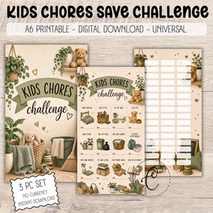 以下が含まれることがあります： Kids Chores Challengeというタイトルの3点セットのデジタルダウンロード。テディベア、吊り下げ植物、ベッドメイキング、ペットの餌やり、掃除などの家事のイラストが描かれたチャートが含まれており、記録用の空白スペースがあります。