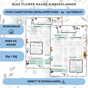 Puede incluir: Planificador de presupuesto imprimible con diseños florales en azul, verde y marrón. El planificador incluye secciones para presupuestos mensuales y semanales, objetivos de ahorro y categorías de gastos. El texto en el planificador dice "Blue Flower Maand & Weekplanner" y "Voor Cashstuffing Envelopmethode - A4 + A5 Formaat".