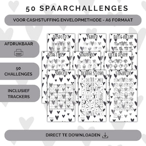 50 challenges en trackers voor cashstuffing, a6 budget binder, digitale download, cash stuffen, budgetteren, spaarmethode, nederland, sparen
