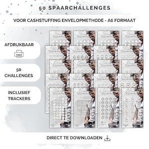 50 challenges en trackers voor cashstuffing, a6 budget binder, digitale download, cash stuffen, budgetteren, spaarmethode, nederland, sparen