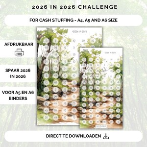 2026 Spaarchallenge Printable – A6 & A5 Budget Tracker, Cash Stuffing Systeem, Digitale Download voor budget binder, cashstuffing nederlands
