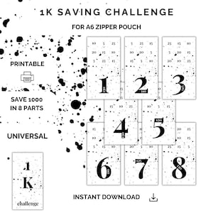 May include: Printable 1K saving challenge cards for an A6 zipper pouch. The cards are black and white with a splatter paint effect. Each card features a number from 1 to 8, with the amount to save written below each number. The cards are designed to help you save $1,000 in 8 parts.