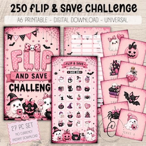 Può includere: Un set di 27 pezzi per sfida di risparmio a tema Halloween in rosa e nero, con fantasmi, zucche, pipistrelli e ragni. Il download digitale include fogli stampabili A6 con il testo 250 FLIP & SAVE CHALLENGE e varie icone per gli obiettivi.