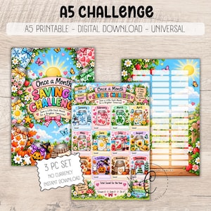 Può includere: Un set di tre sfide di risparmio digitali A5 con illustrazioni colorate di barattoli per ogni mese. Il design include motivi stagionali, un sole, fiori e il testo Once a Month Savings Challenge, Save a Little Each Month for a Brighter Tomorrow, e 3 PC SET NO CURRENCY INSTANT DOWNLOAD.