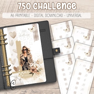 Könnte beinhalten: Ein digitaler Planer mit dem Text "750 Challenge" und "A6 Printable - Digital Download - Universal". Der Planer zeigt eine Frau mit Sonnenbrille, Schmetterlingen und Herzmotiven. Enthält mehrere Challenge-Tracker-Seiten.
