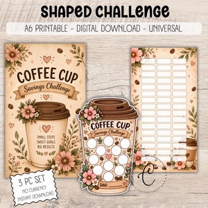 Könnte beinhalten: Ein dreiteiliges digitales Download-Set für eine Coffee Cup Spar-Challenge. Die Designs zeigen eine Kaffeetassen-Illustration mit rosa Blumen, Kaffeebohnen und Herzen sowie leere Kreise und Rechtecke zum Eintragen von Sparzielen.