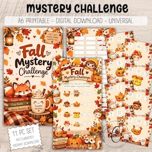 Può includere: Un set digitale stampabile A6 Fall Mystery Challenge con illustrazioni a tema autunnale di volpi, zucche, ghiande e funghi. Il set include carte da gioco con numeri, equazioni di addizione e testi come Sweater Weather e Cozy Days.