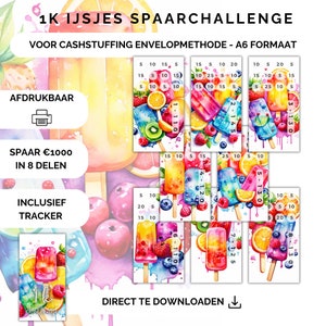 May include: A watercolor-style design featuring colorful popsicle illustrations with fruit. The image includes text in Dutch, such as "1K IJSJES SPAARCHALLENGE" and "SPAAR €1000 IN 8 DELEN", and a printable tracker.
