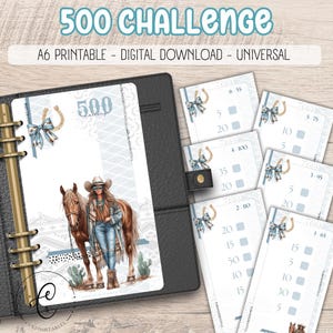 May include: A6 printable digital download featuring a "500 Challenge" theme. The design includes a cowgirl with a horse, horseshoes, and a black planner. The text "500 Challenge" is at the top.