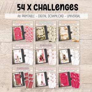 Może przedstawiać: Kolekcja 54 X Challenges zawierająca trackery oszczędności do druku w formacie A6 do pobrania cyfrowego. Obraz przedstawia dziewięć różnych zestawów kart wyzwań finansowych z różnymi motywami, takimi jak serca, budownictwo, fitness i kwiaty.
