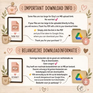 May include: An informational graphic with two sections titled IMPORTANT DOWNLOAD INFO and BELANGRIJKE DOWNLOADINFORMATIE. It features illustrations of a piggy bank, a tablet displaying a PDF icon, a coffee mug, and a Google Drive folder icon.